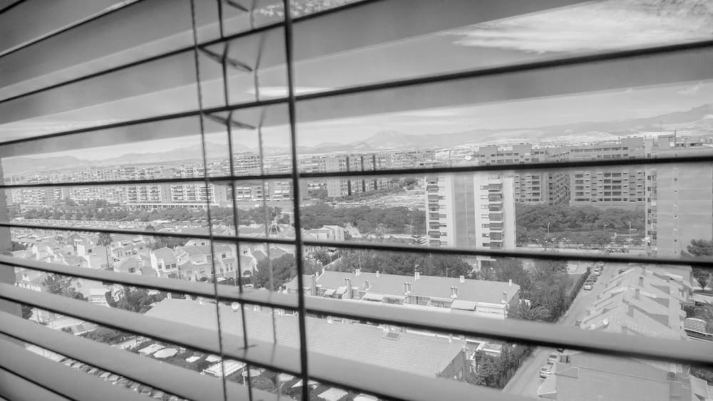 ventana con persiana en blanco y negro