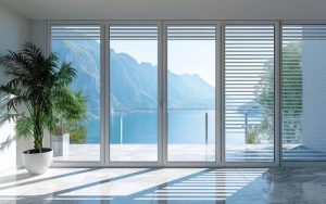 White-framed glass doors with partly lowered slatted blinds, mountain lake view and potted palm