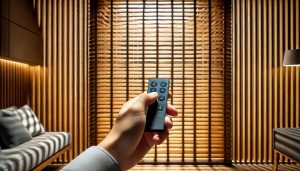 Hand holding a small black remote control in front of warm wooden slatted blinds in a cozy room