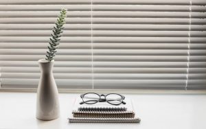 White ceramic vase with a green succulent stem beside stacked spiral notebooks and glasses in front of closed horizontal
