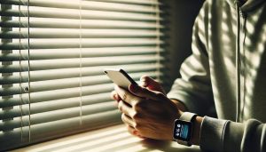 Person in a gray hoodie holds a smartphone beside closed horizontal blinds, with a smartwatch on the wrist