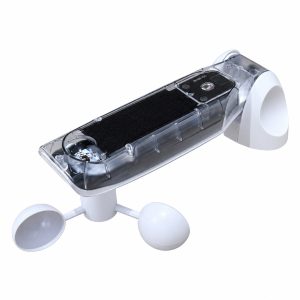 Sensor de viento con carcasa transparente, franja negra, copas blancas y soporte curvo